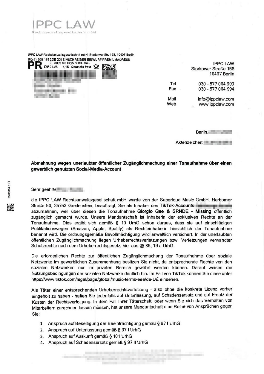 Abmahnungsschreiben wegen Musiknutzung auf Social Media von Kanzlei IPPC Law