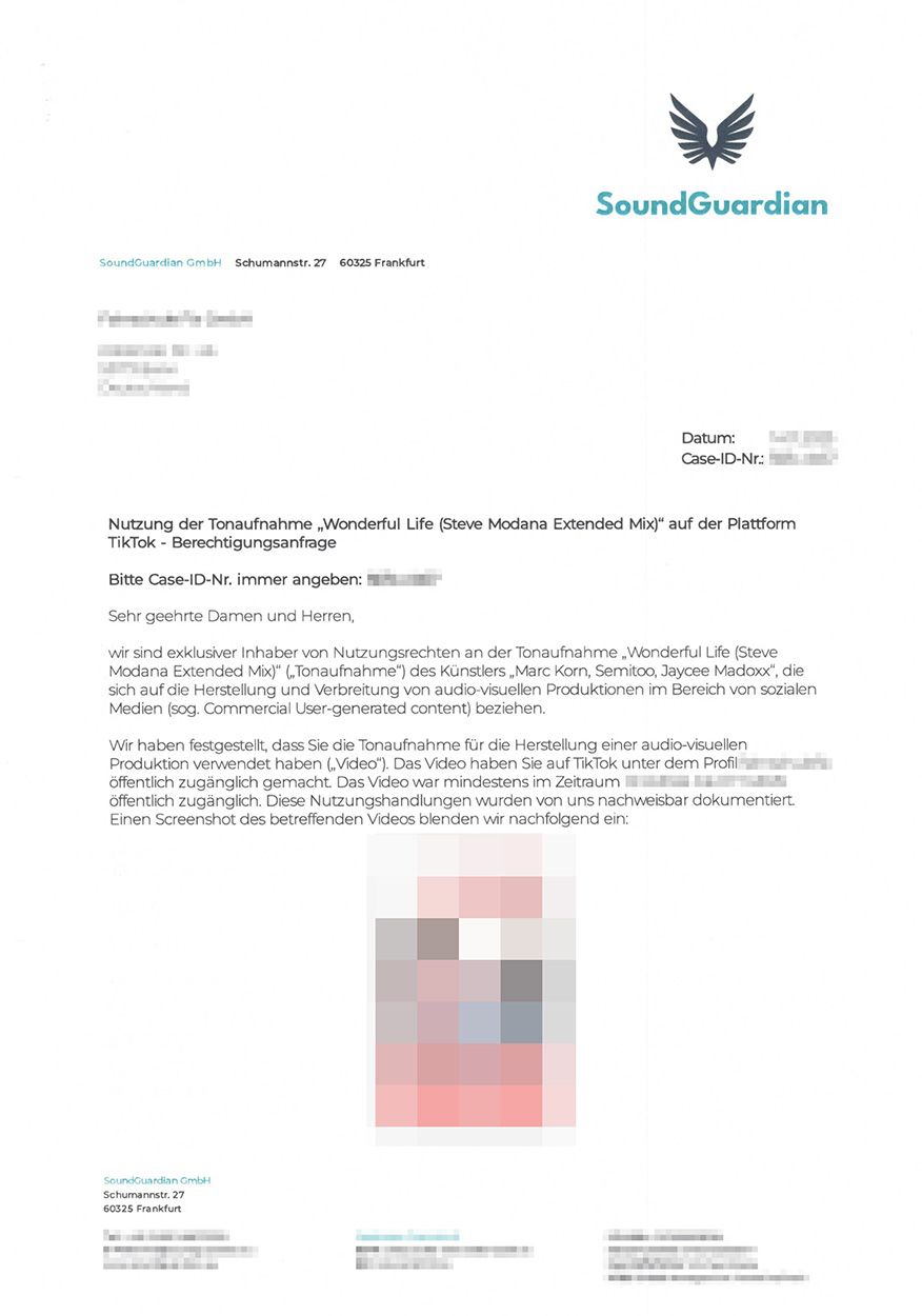 Abmahnungsschreiben von Rechteagentur SoundGuardian
