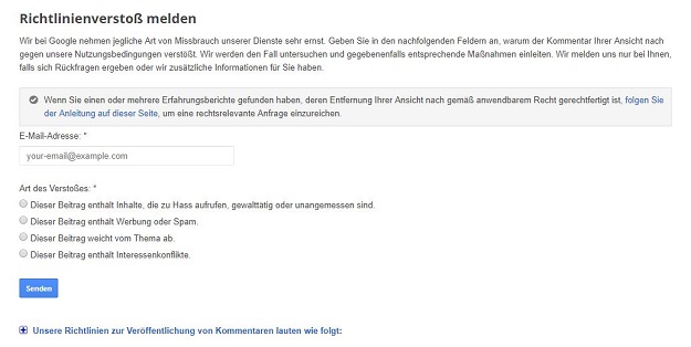 Richtlinienverstoß bei Google melden - Screenshot